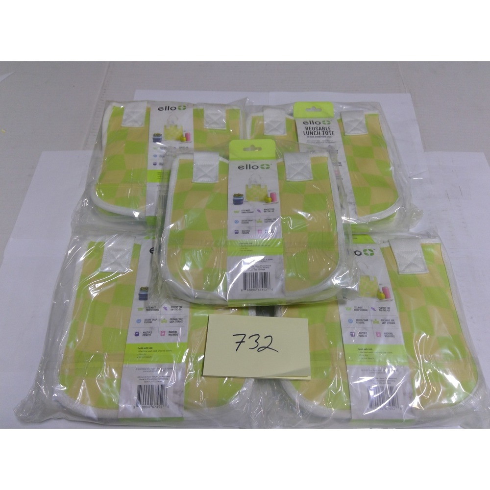 Ello Reusable Lunch Tote Unisex OS Green Yellow Checkered Snap Closure Pockets